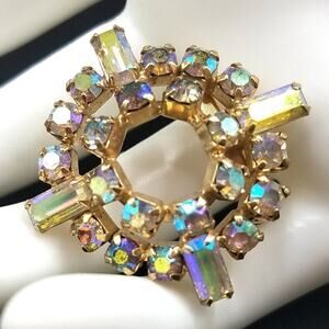 Vintage Aurora Borealis Rhinestone Gold Plated Small Brooch, 1 3/8 Inches